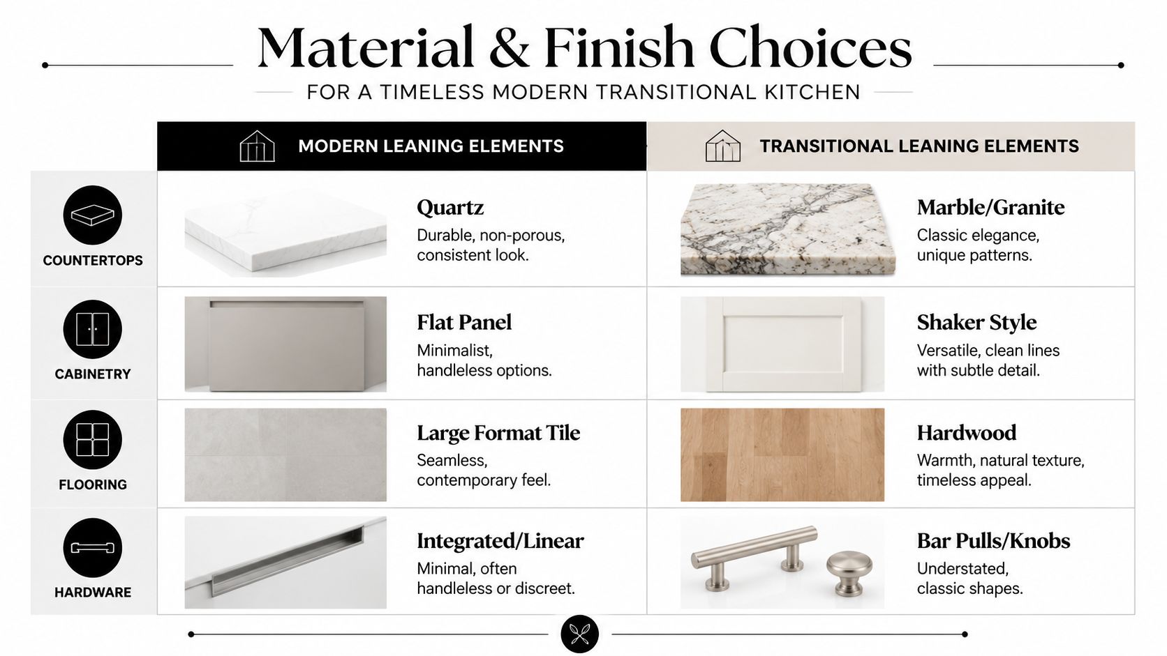 A comparison chart outlining material and finish options for modern versus transitional style kitchen designs.