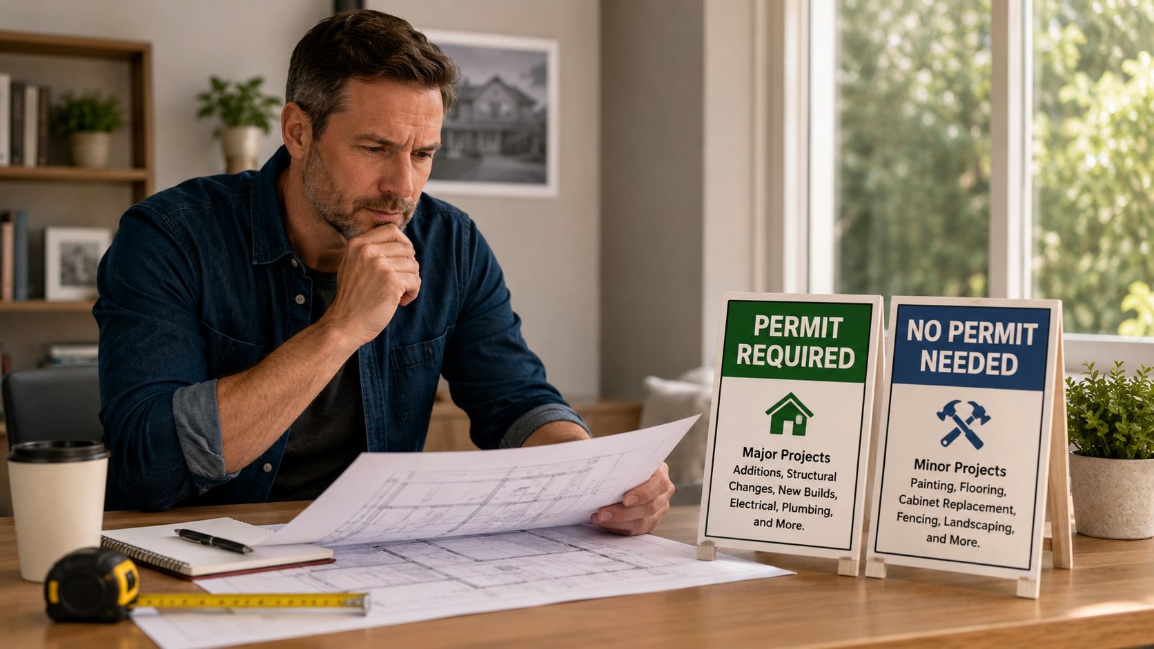 A man carefully reviewing construction blueprints at a desk with signs explaining building permit requirements.