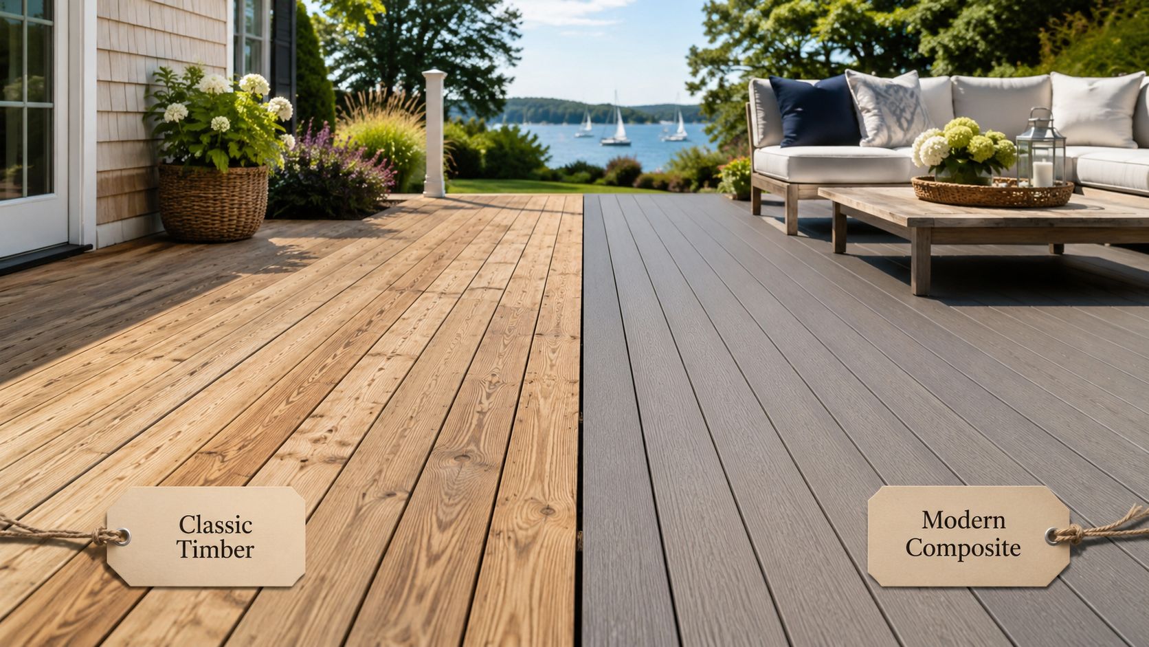 A split-screen comparison showing classic timber decking versus modern composite decking on a waterfront patio.