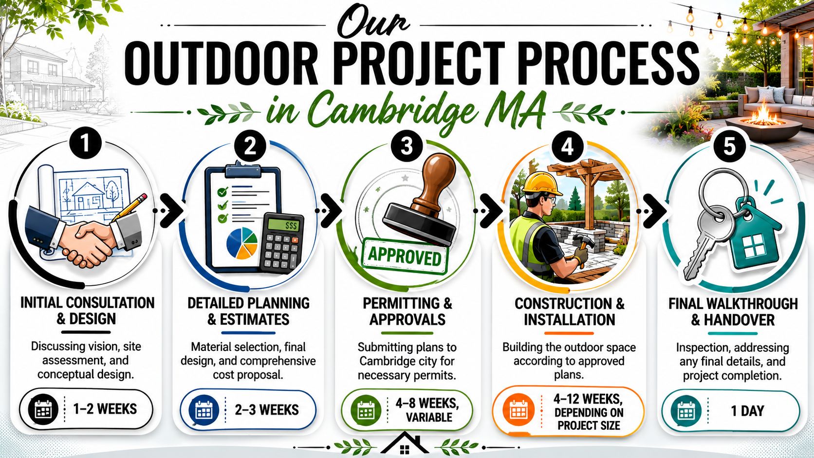 A five-step infographic showing the outdoor project planning and construction process for homes in Cambridge, Massachusetts.