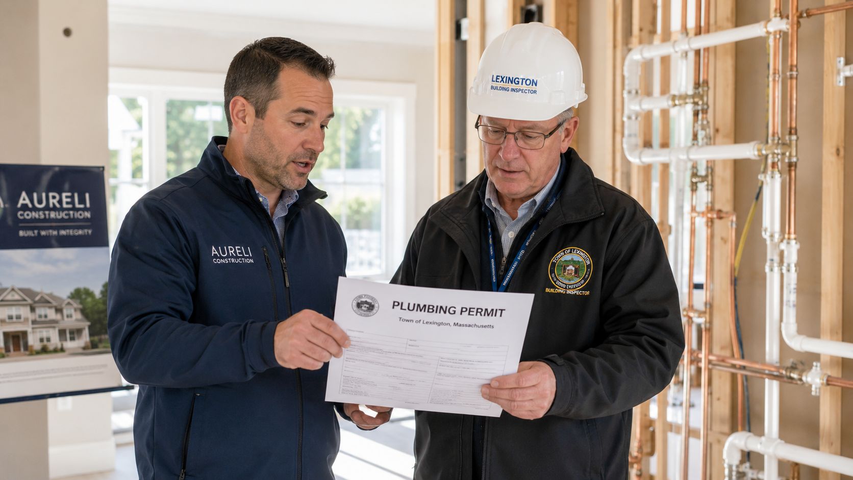 A construction company representative and a town building inspector reviewing a plumbing permit at a job site.