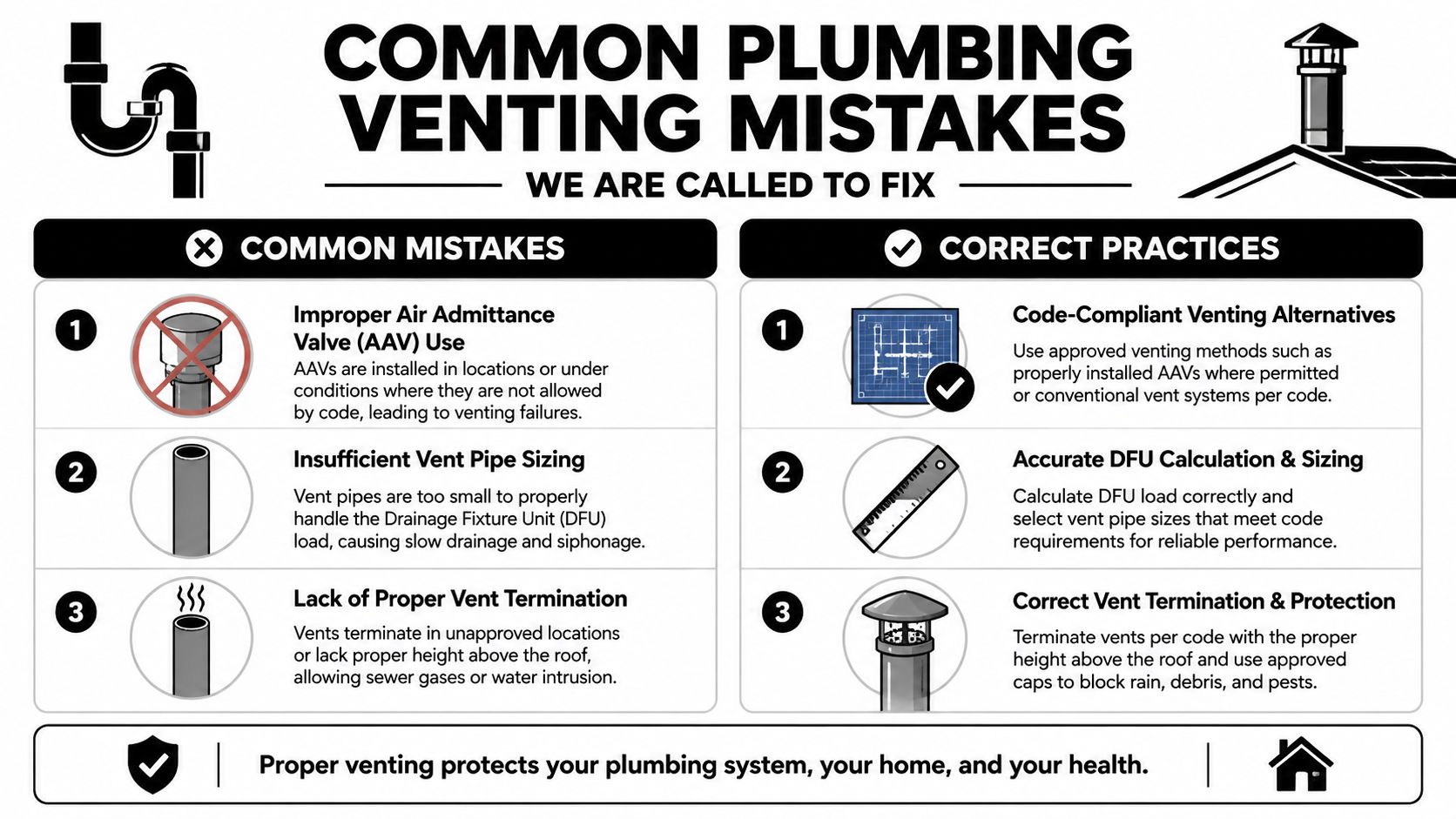 An infographic highlighting common plumbing venting mistakes and corresponding correct practices for residential plumbing systems.