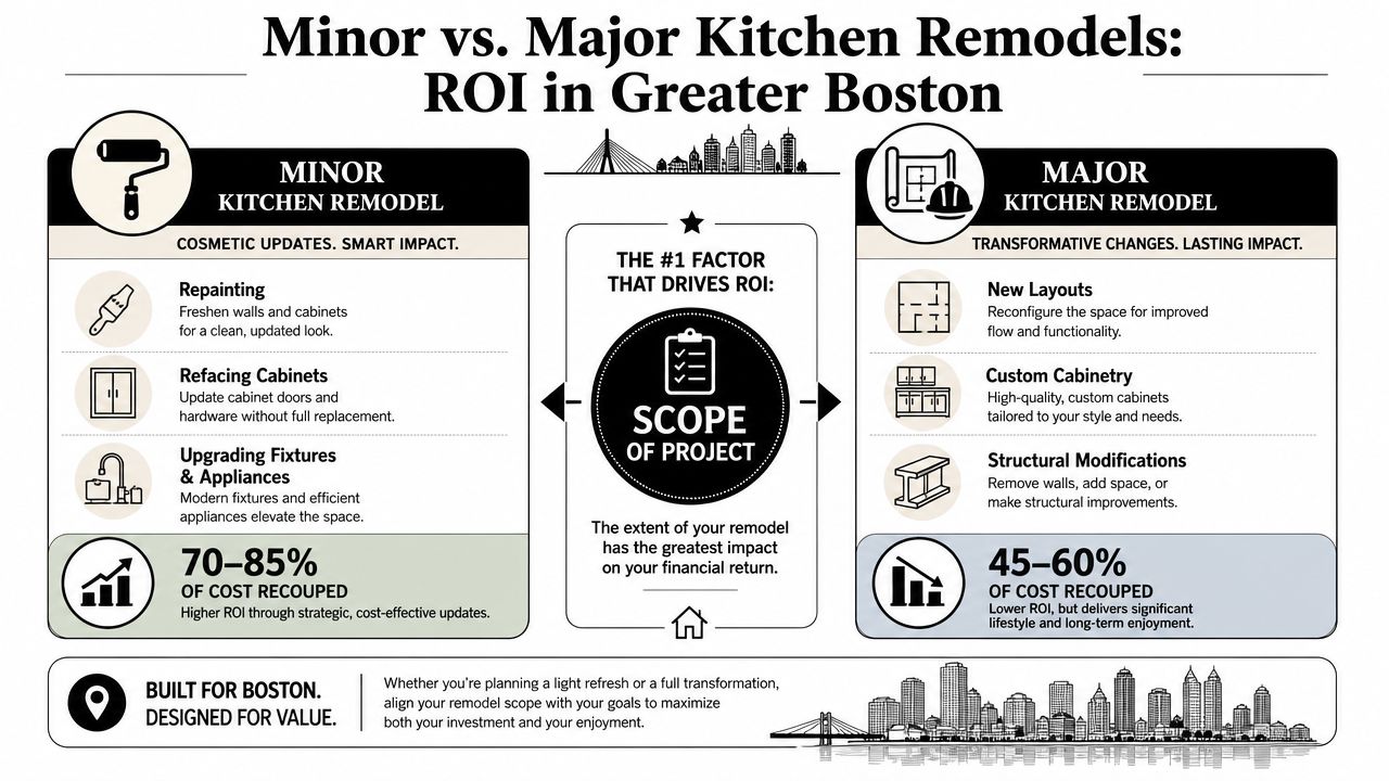 A comparison infographic showing ROI differences between minor and major kitchen remodeling projects in Greater Boston.