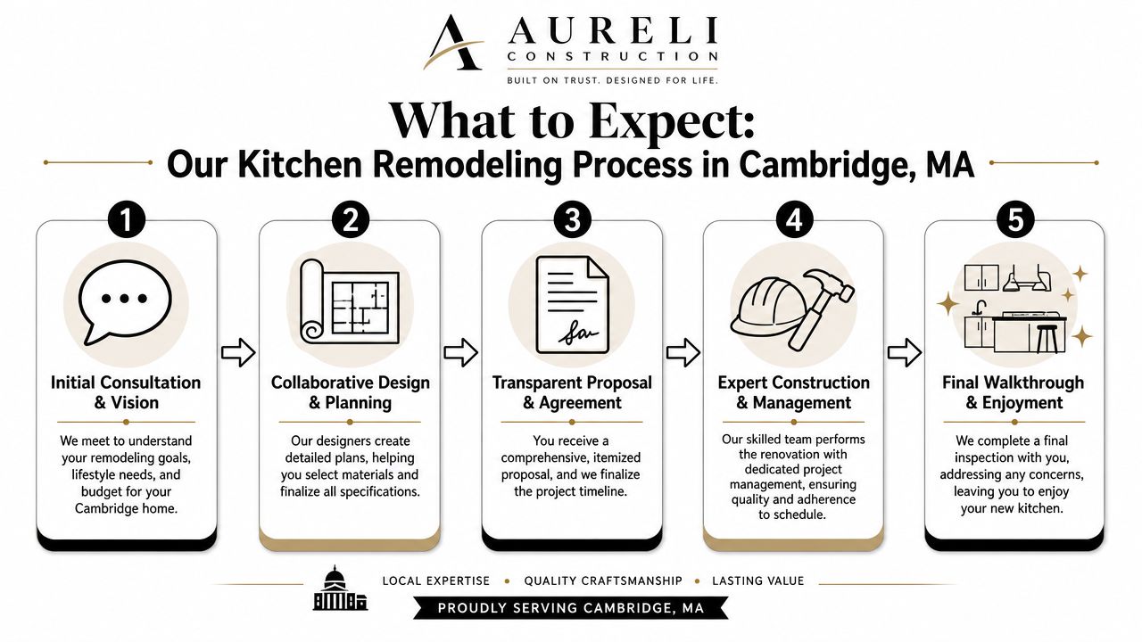 An infographic detailing the five-step professional kitchen remodeling process offered by Aureli Construction in Cambridge, Massachusetts.
