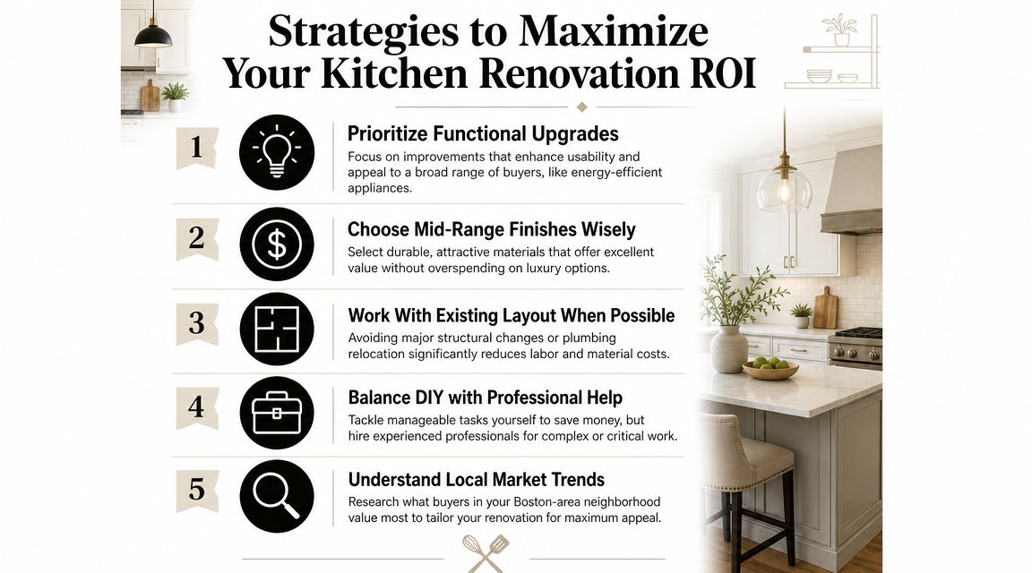 An infographic detailing five strategies to maximize return on investment during a kitchen renovation project.