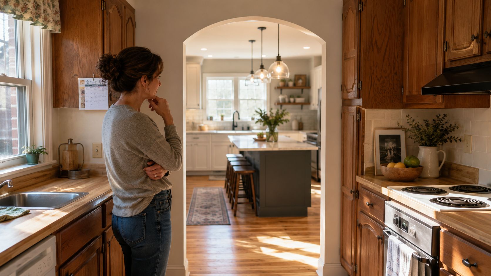 A woman standing in a home kitchen looking thoughtfully toward a bright and modern open kitchen space.