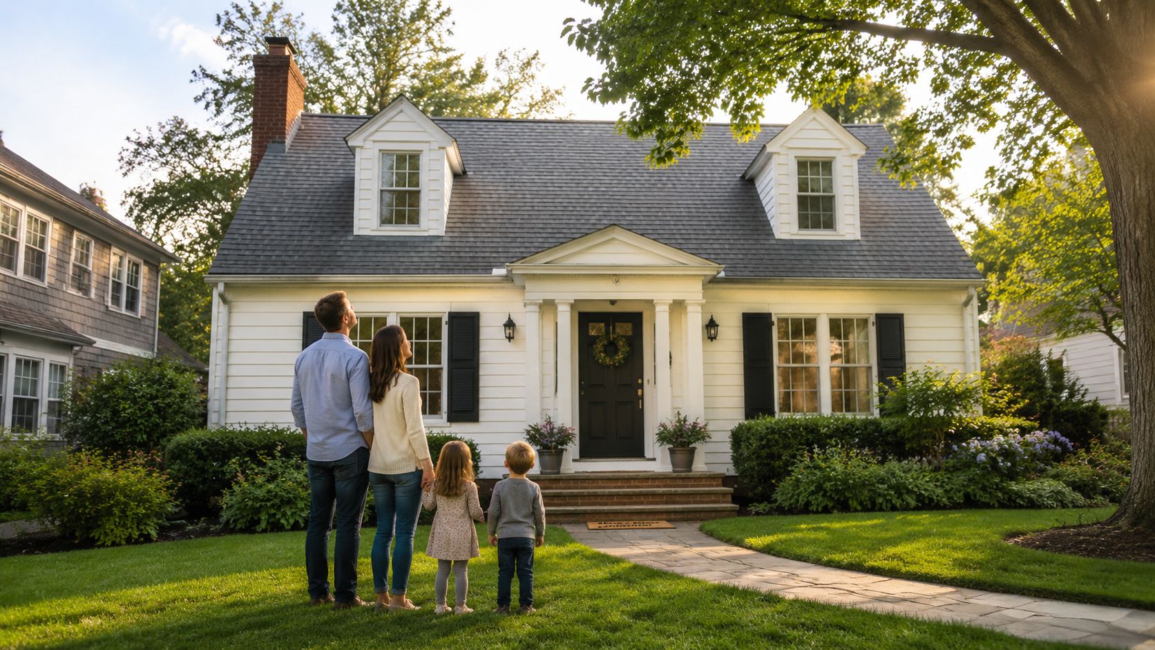 A happy young family stands on a lawn looking up at their white suburban home exterior.