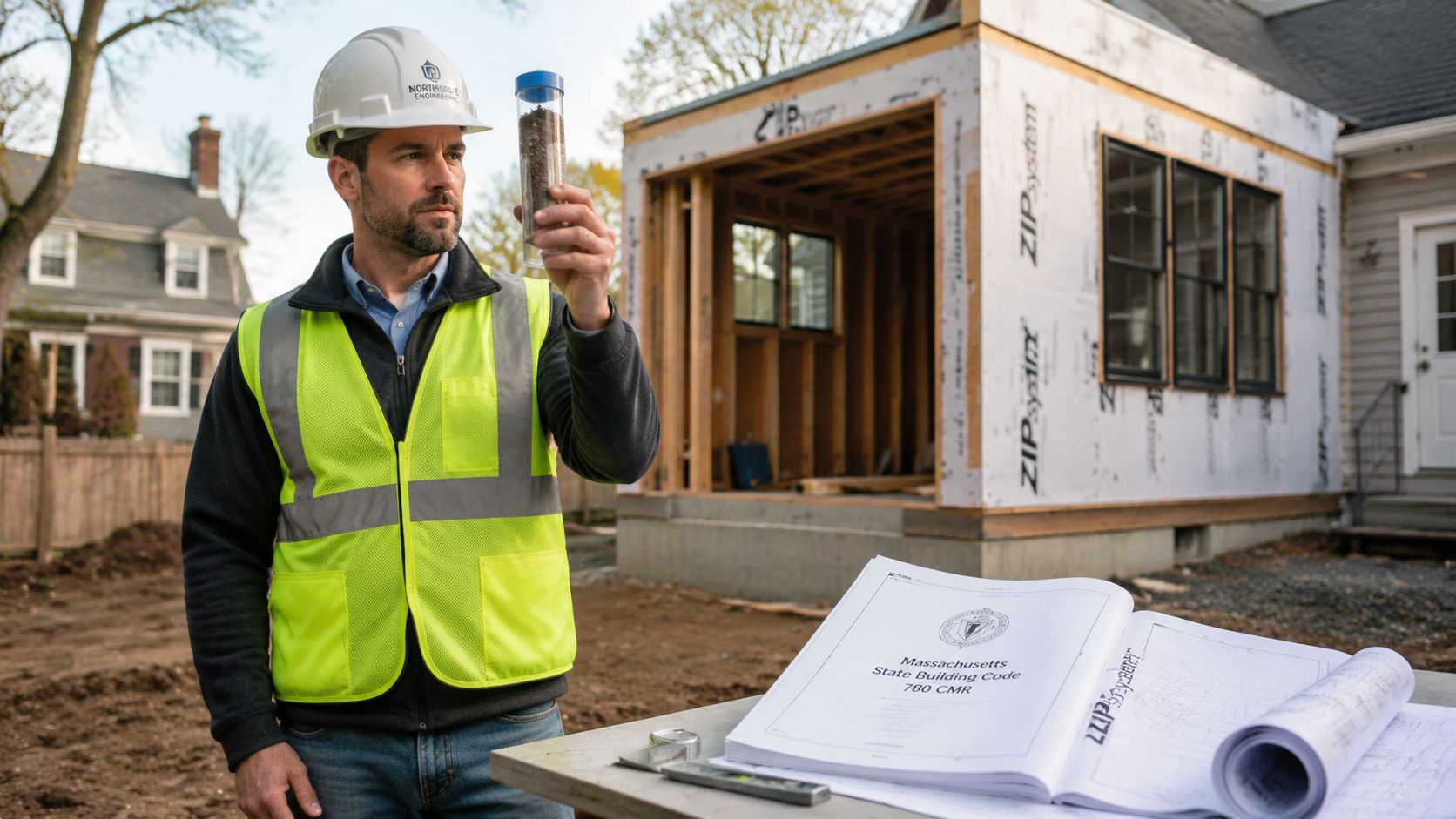 A professional engineer in a safety vest holding a soil sample vial at a residential construction site.