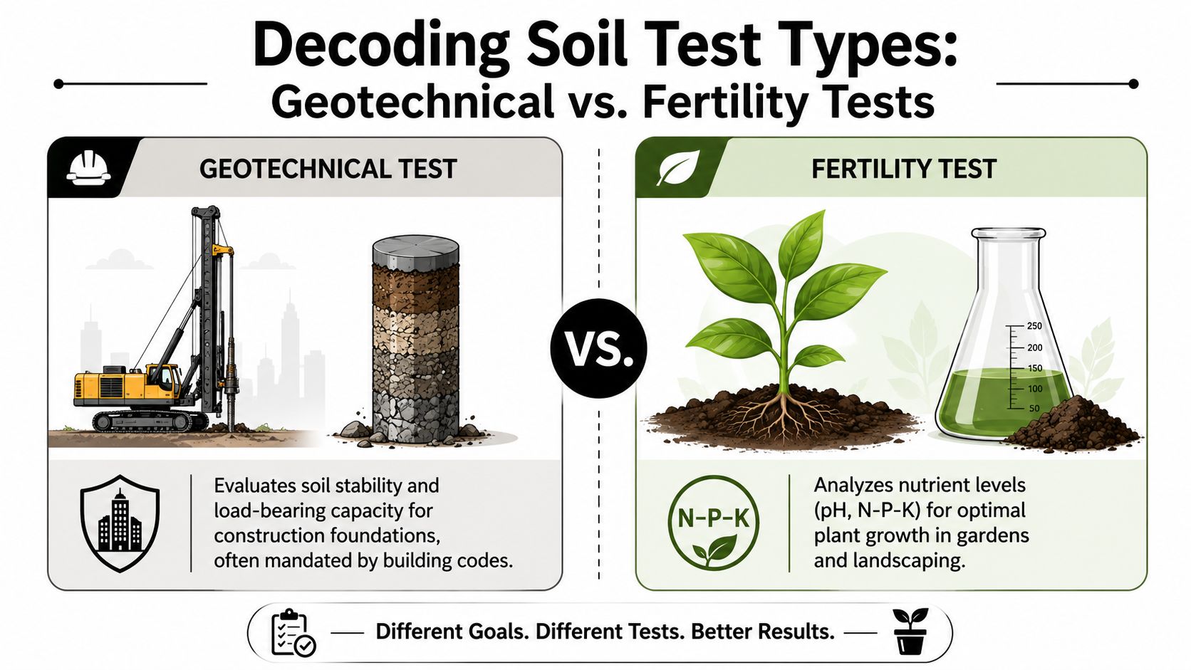 An infographic comparing geotechnical soil testing for construction and fertility soil testing for gardening and landscaping.