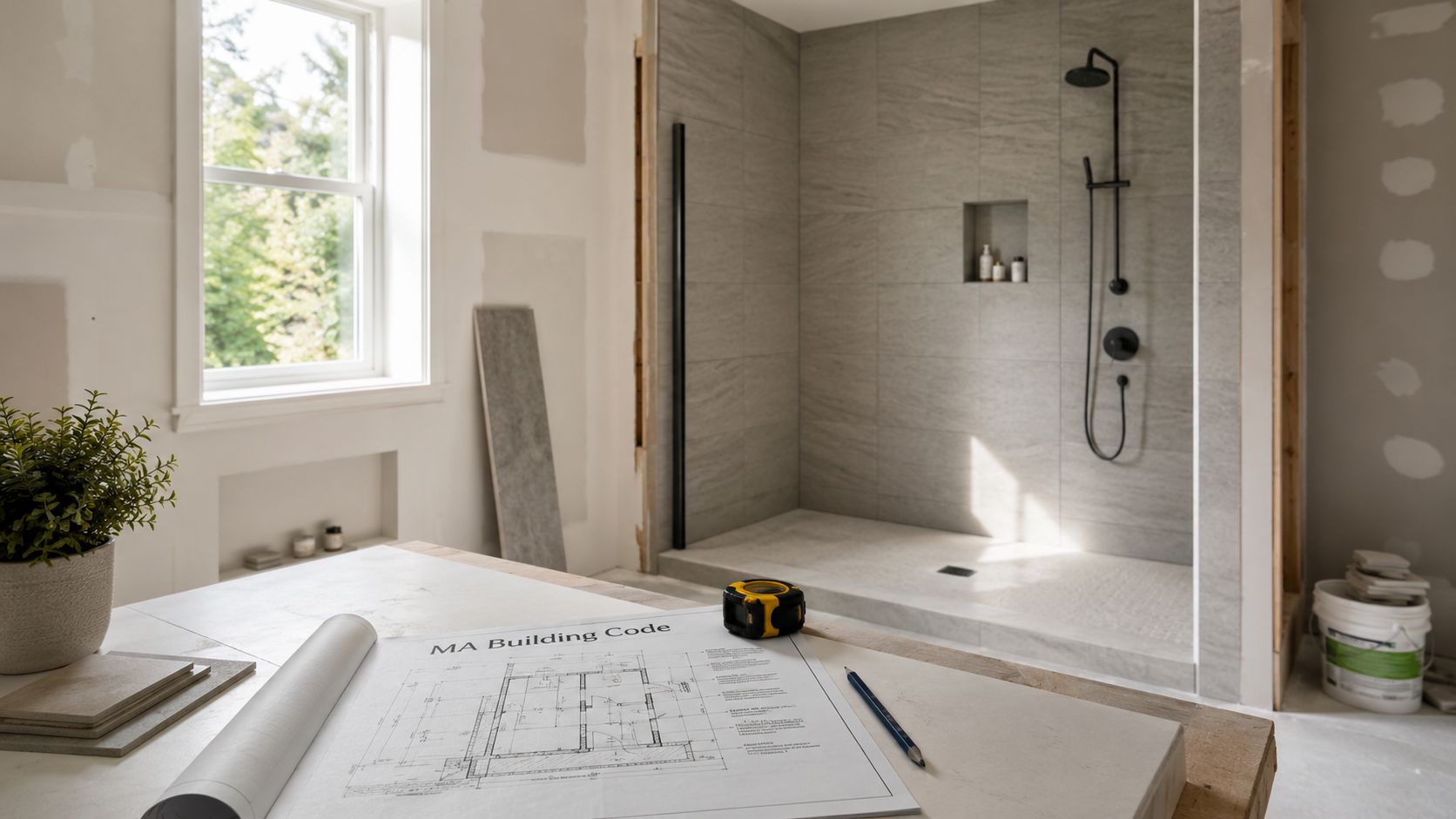 A renovation site featuring a modern tiled shower with blueprints and a measuring tape on a table.