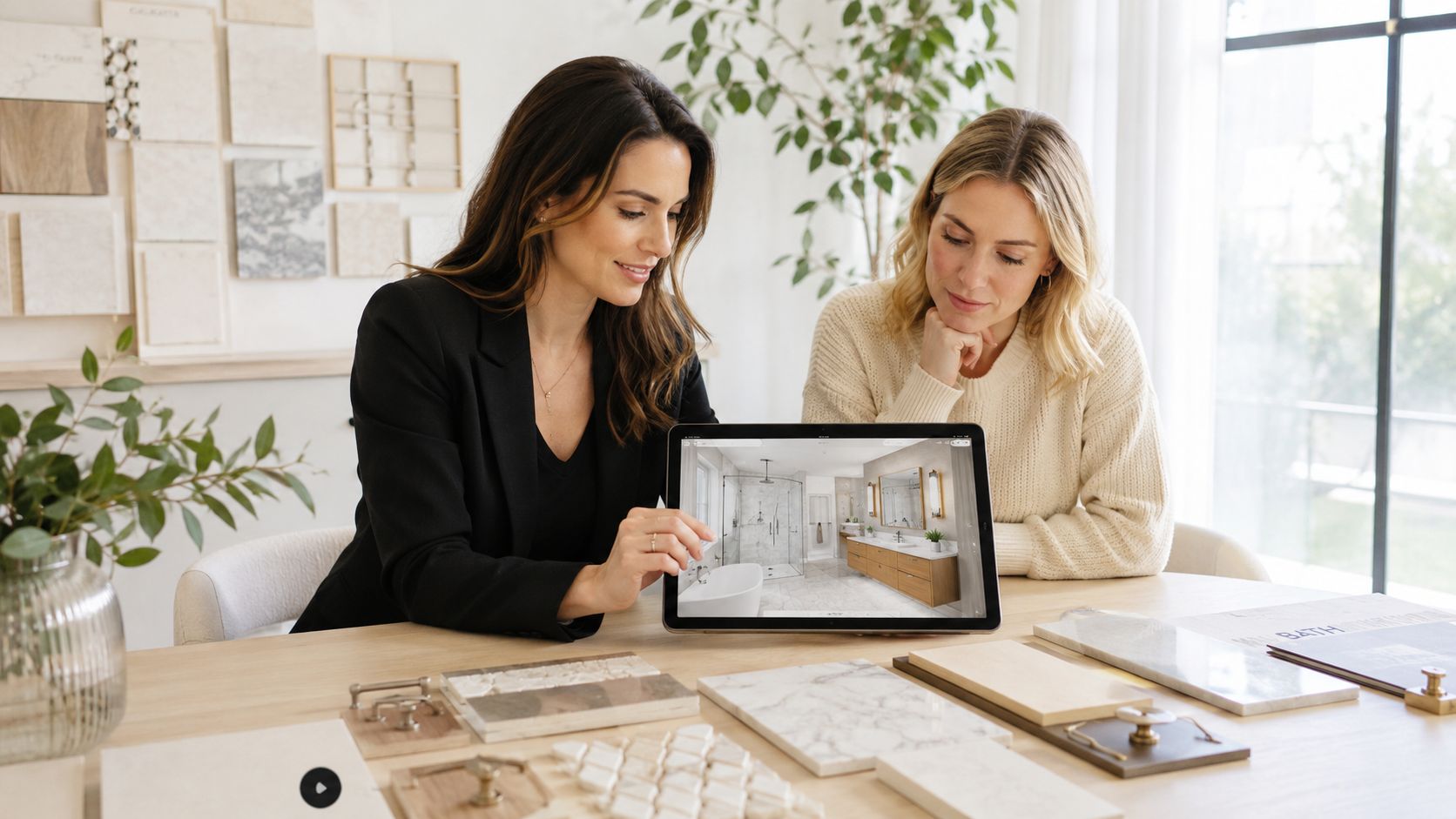 A professional interior designer showing bathroom renovation plans to a client on a digital tablet screen.