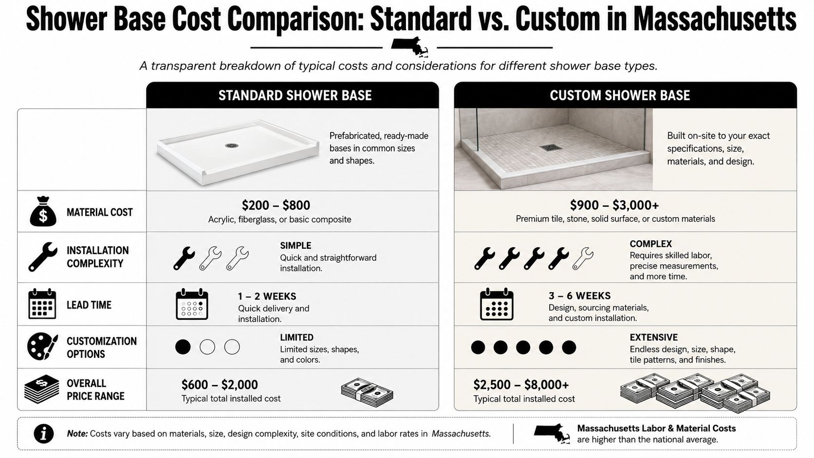 A comparison chart outlining the costs, installation complexity, and features of standard versus custom shower bases.