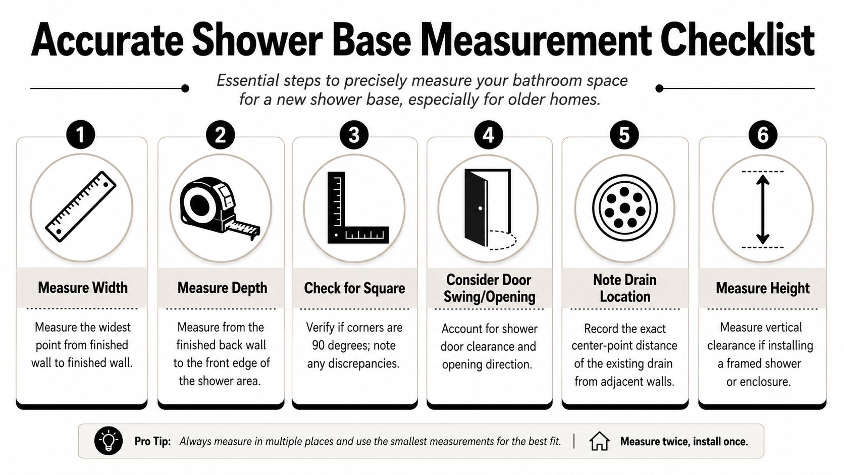 A six-step checklist infographic showing instructions on how to accurately measure a space for a shower base.