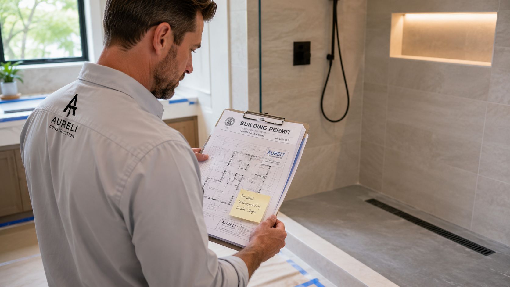 A professional construction worker holding a building permit and floor plans in a newly renovated bathroom.