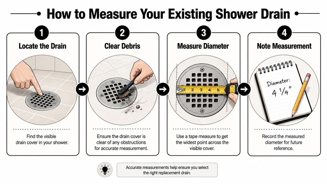 A four-step instructional infographic showing how to measure a standard shower drain diameter with a tape measure.
