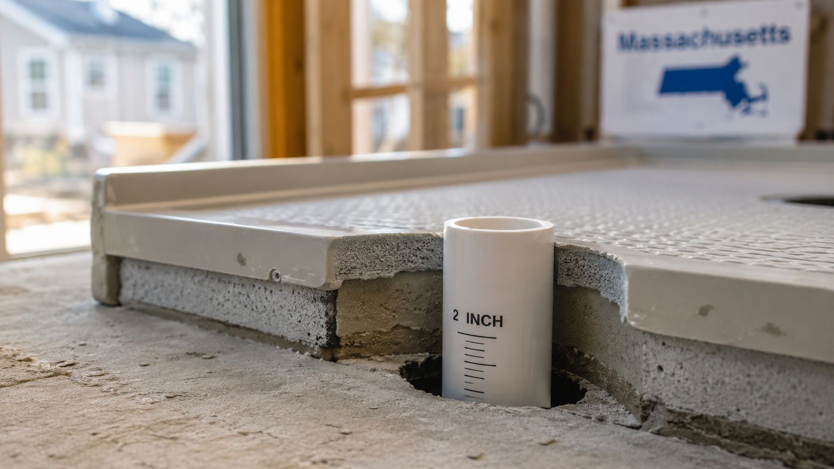 A close-up view of a standard 2-inch shower drain pipe protruding through a bathroom floor.