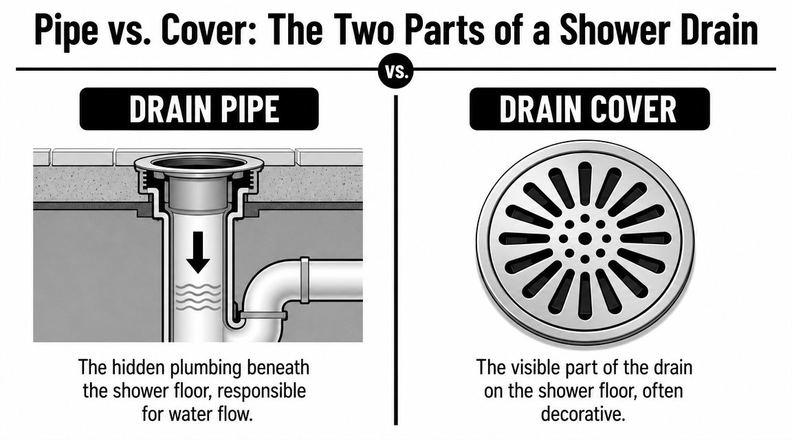 A comparative diagram explaining the differences between a shower drain pipe and a shower drain cover.