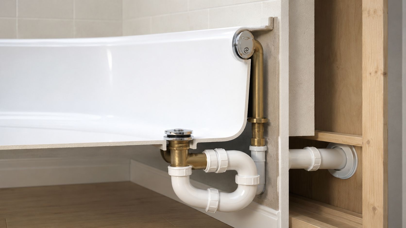 A cross-section view of a bathtub plumbing installation showing the drain and overflow pipes connected to the wall.