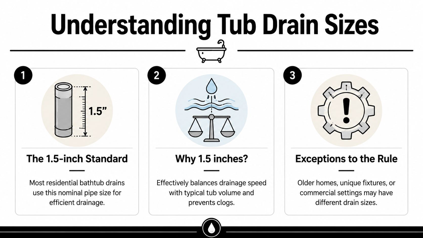An infographic explaining that 1.5 inches is the standard size for most residential bathtub drains.