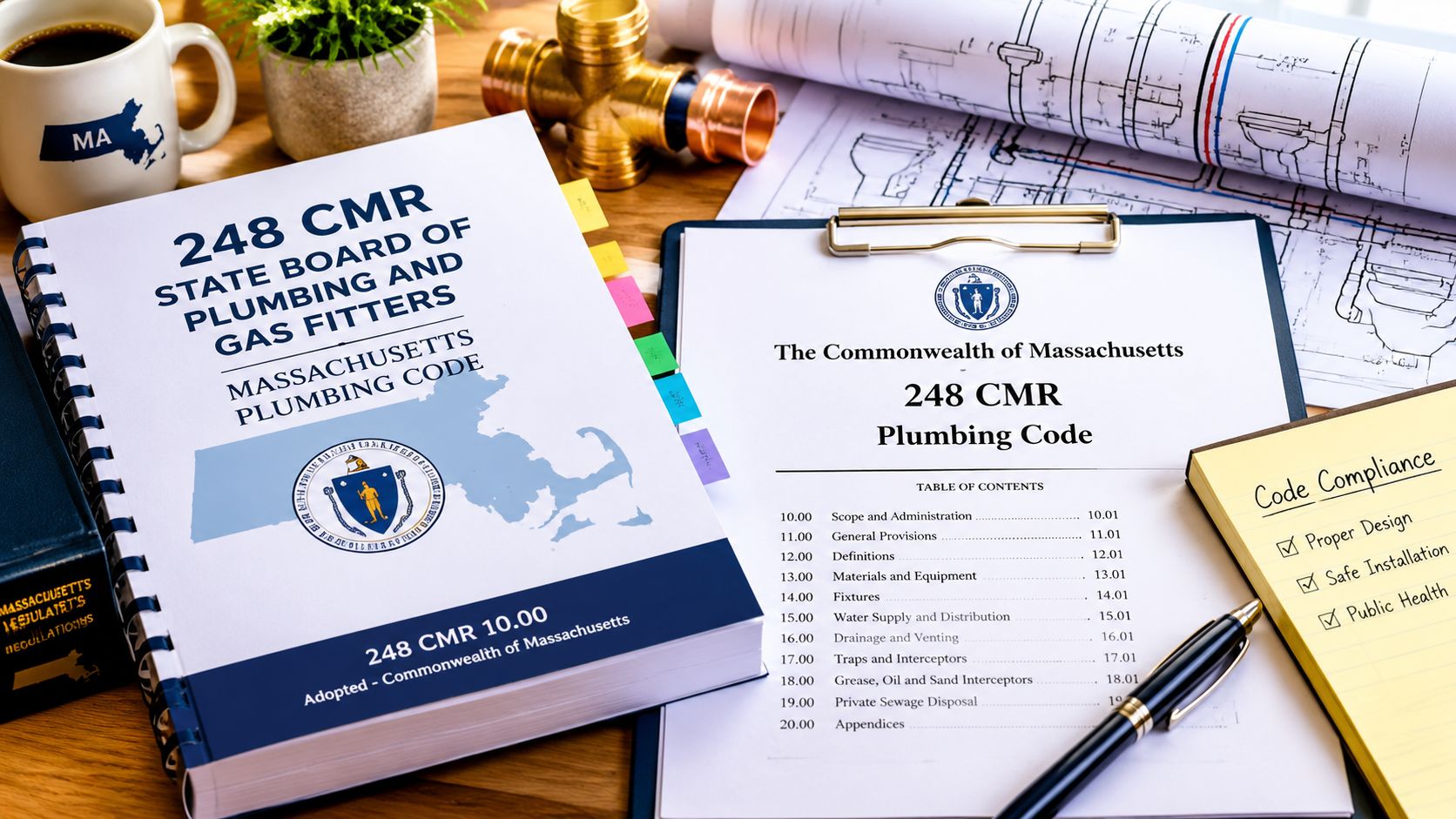 A professional desk workspace featuring the Massachusetts plumbing code manual and engineering blueprints for construction projects.