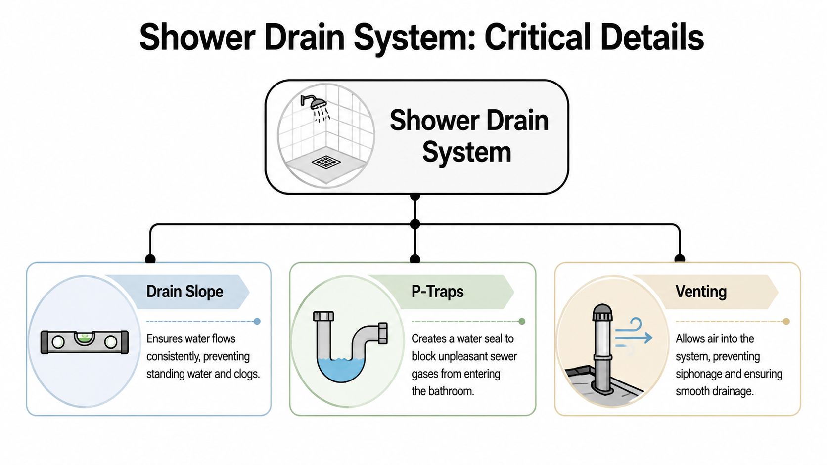 An educational infographic explaining the three critical components of a shower drain system: slope, P-traps, and venting.