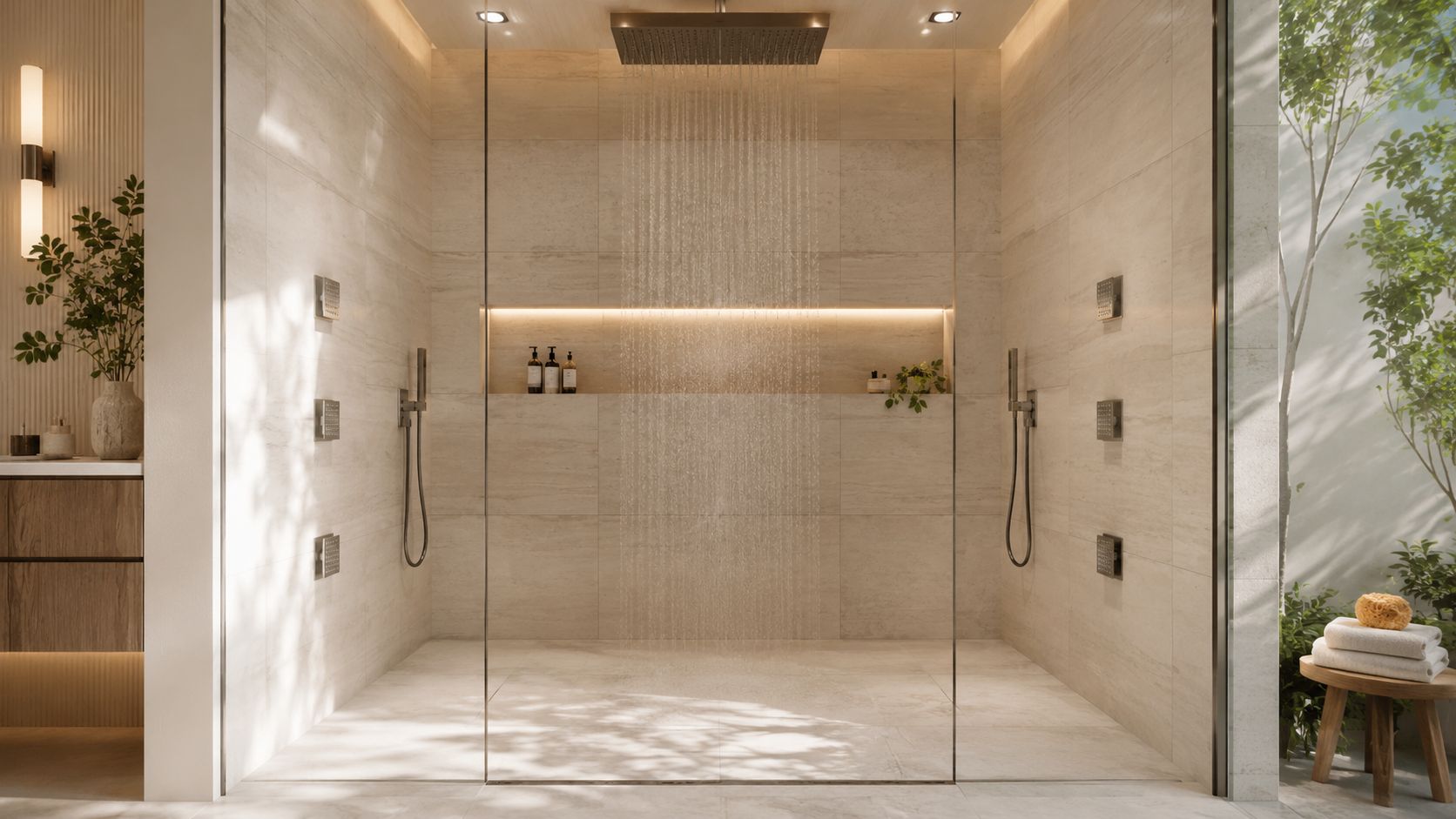 A luxurious walk-in shower with rainfall head, modern fixtures, marble tiling, and indoor greenery in a bathroom.