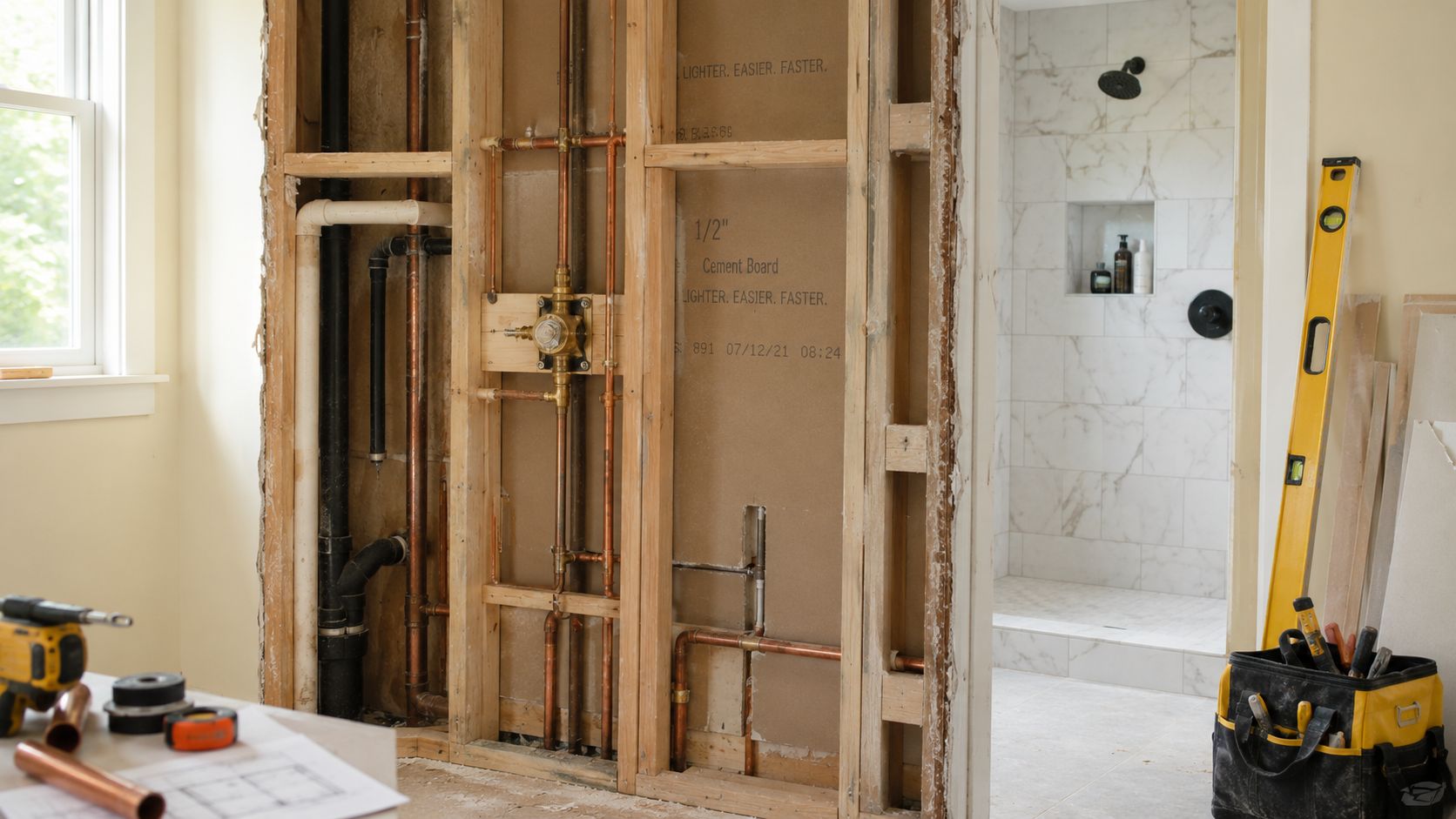 Exposed wall studs with plumbing and shower hardware installation during a home bathroom renovation project.