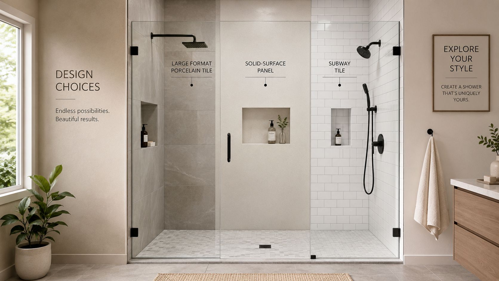 A modern walk-in shower featuring three distinct wall finishes including large format tile, solid-surface, and subway tile.