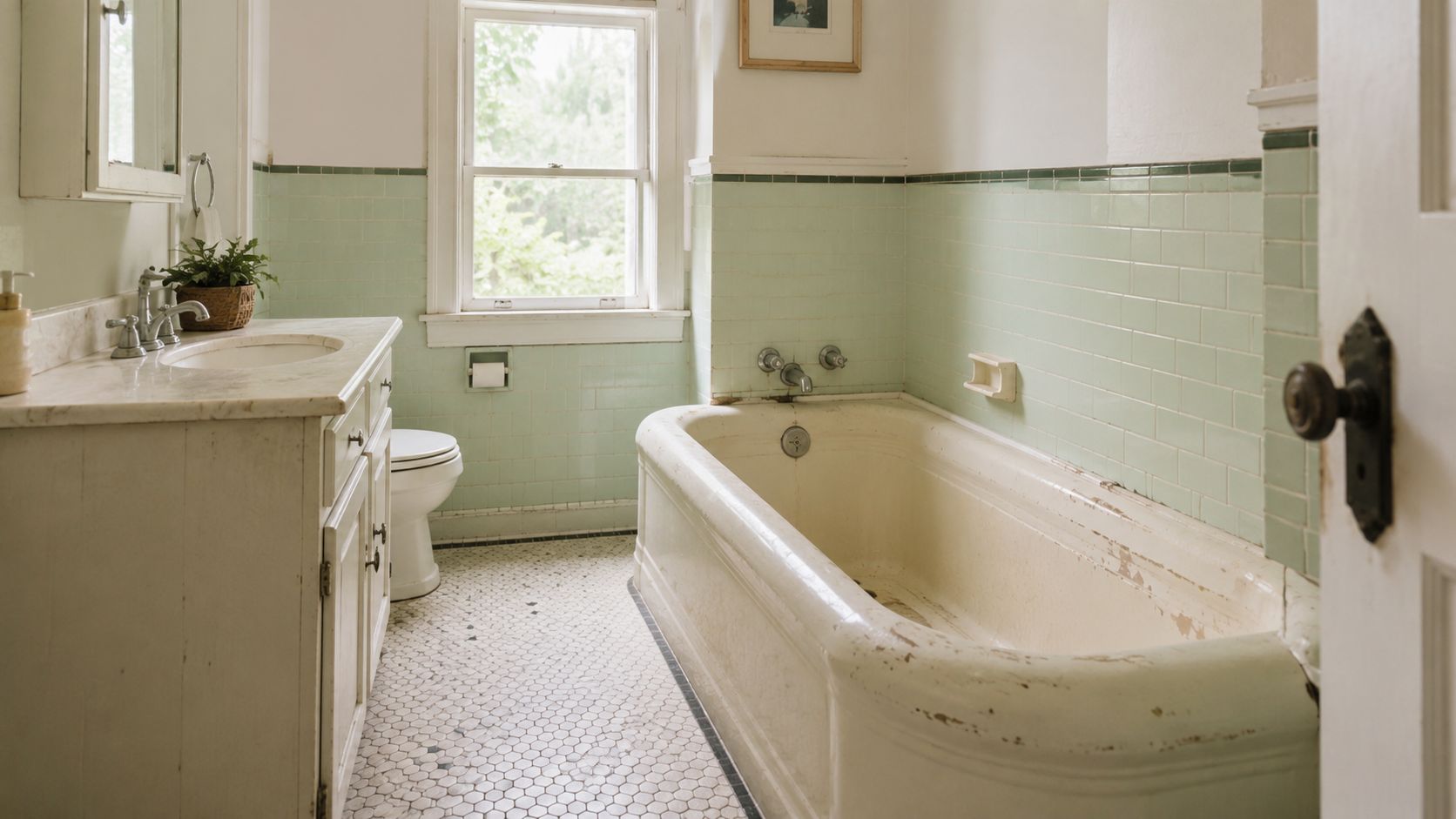 A vintage bathroom featuring a classic clawfoot tub, a marble vanity, and soft green subway tile walls.