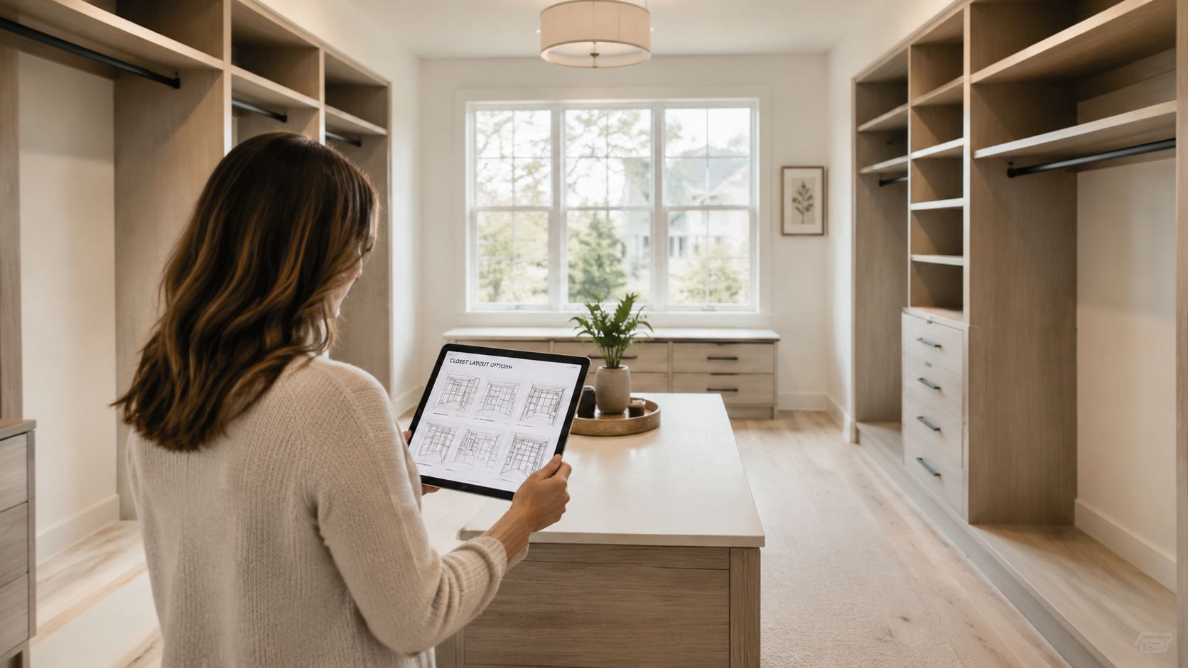 A woman holding a tablet showing closet organization systems while standing in a spacious modern walk-in closet.