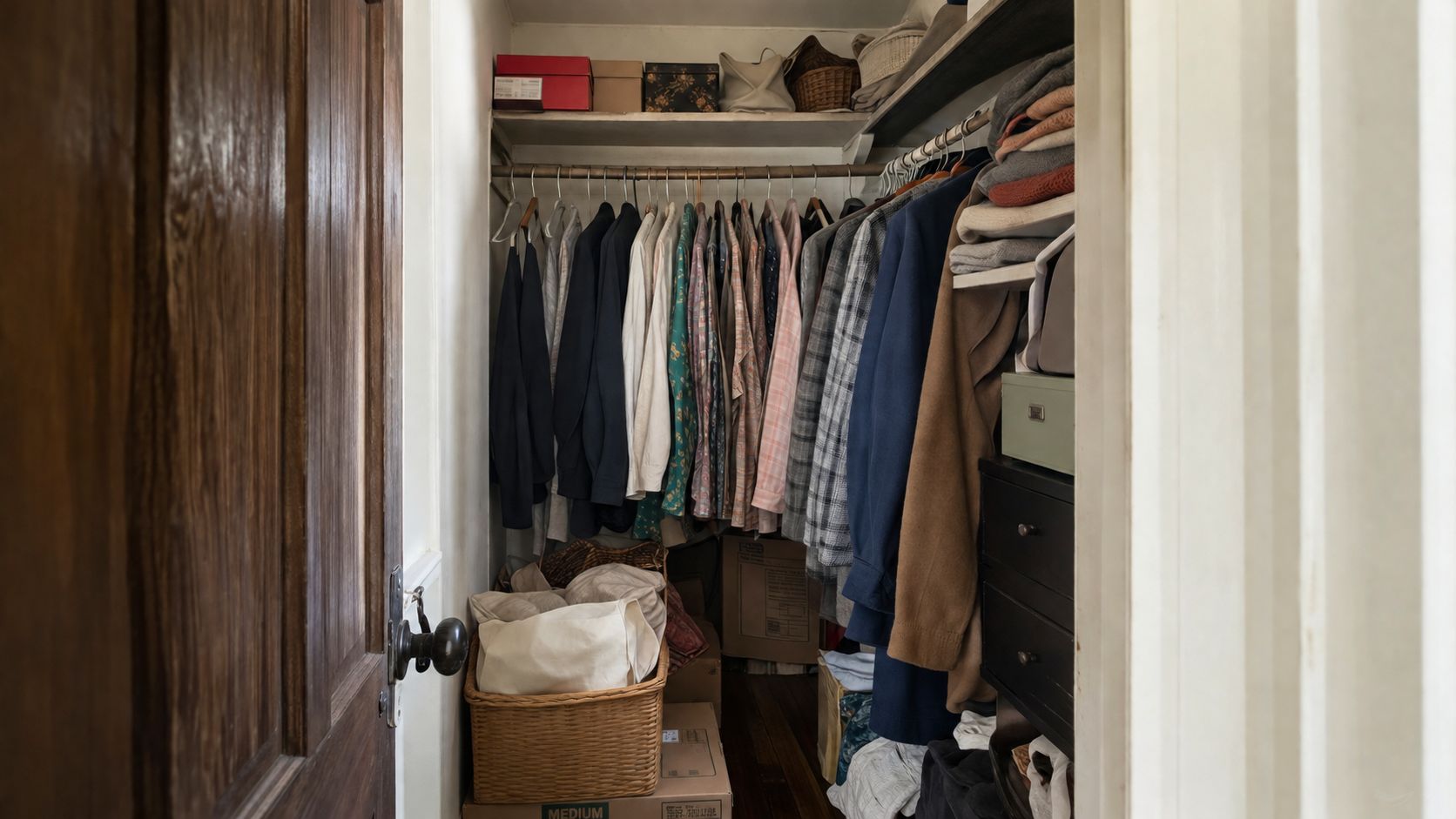 A well-organized walk-in closet featuring hanging clothes, shelves with storage boxes, and baskets for accessories.