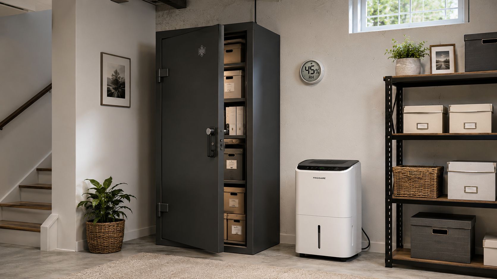 A well-organized finished basement featuring a large storage cabinet, a dehumidifier, shelving, and home decor items.