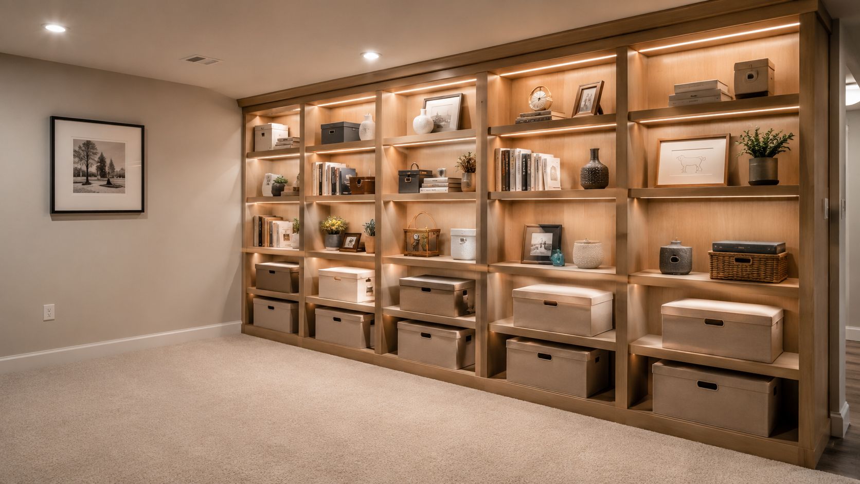 A modern finished basement featuring custom built-in wooden shelving units with integrated warm accent lighting.