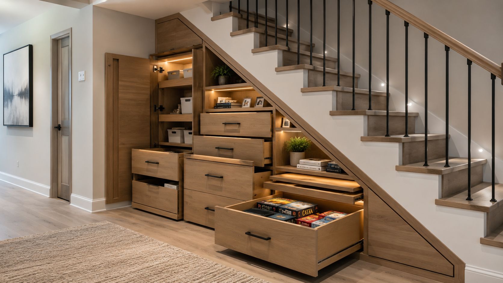 Custom wooden cabinetry and storage drawers built directly into the space underneath a staircase in a basement.
