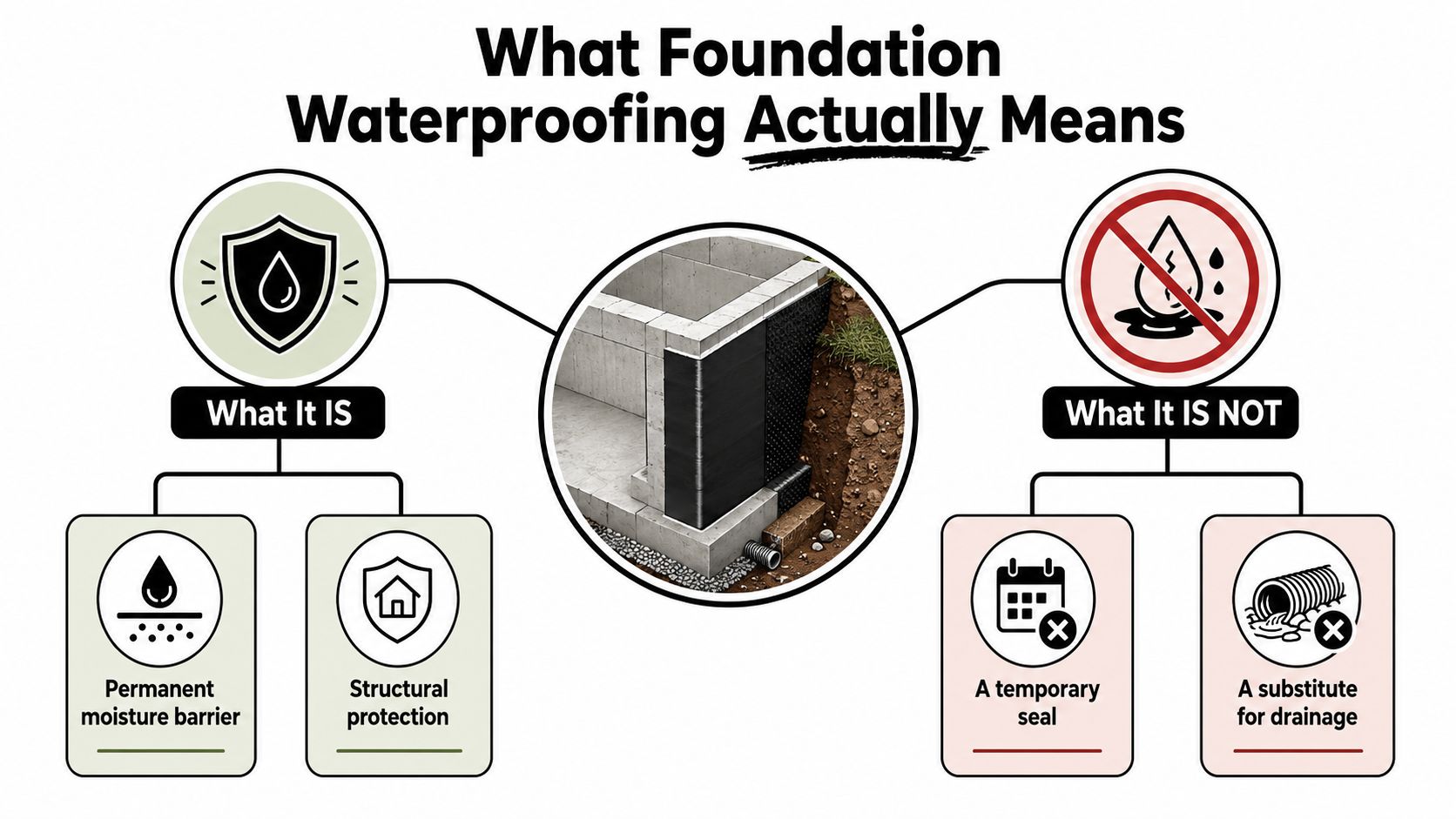 A diagram explaining that foundation waterproofing provides a permanent moisture barrier and structural protection, not temporary drainage.