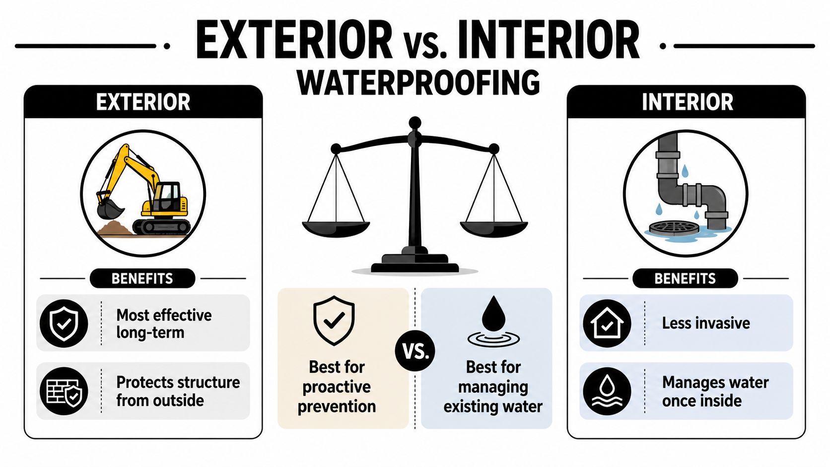 An infographic comparing exterior and interior foundation waterproofing benefits, highlighting prevention versus managing existing water problems.