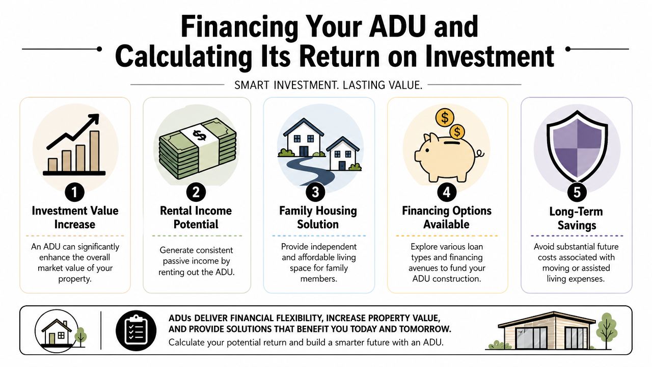 An infographic detailing five key benefits of financing an ADU and calculating its return on investment.
