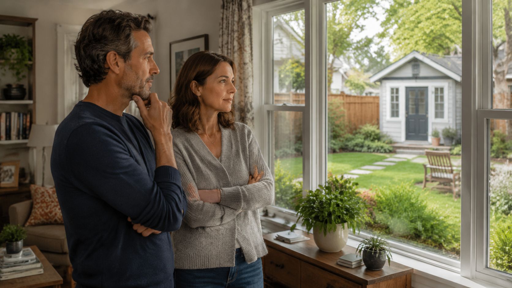 A middle-aged couple standing indoors, thoughtfully looking out a large window at a backyard ADU cottage.