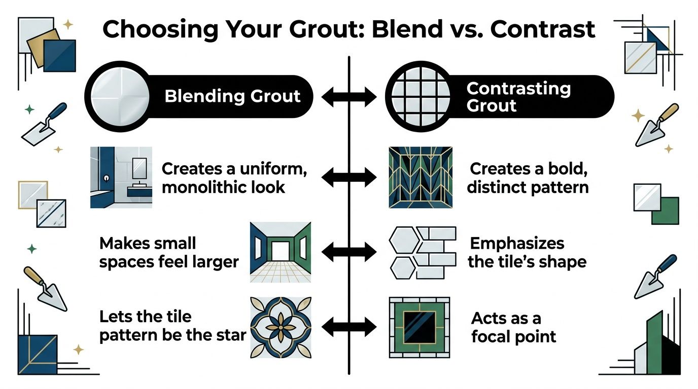 A comparison infographic showing the design impact of choosing either blending or contrasting grout for tile installations.