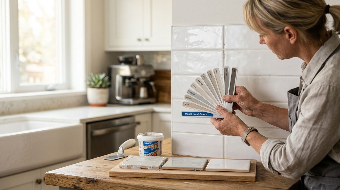A woman holding a grout color fan deck while choosing a shade for white kitchen tile backsplash.