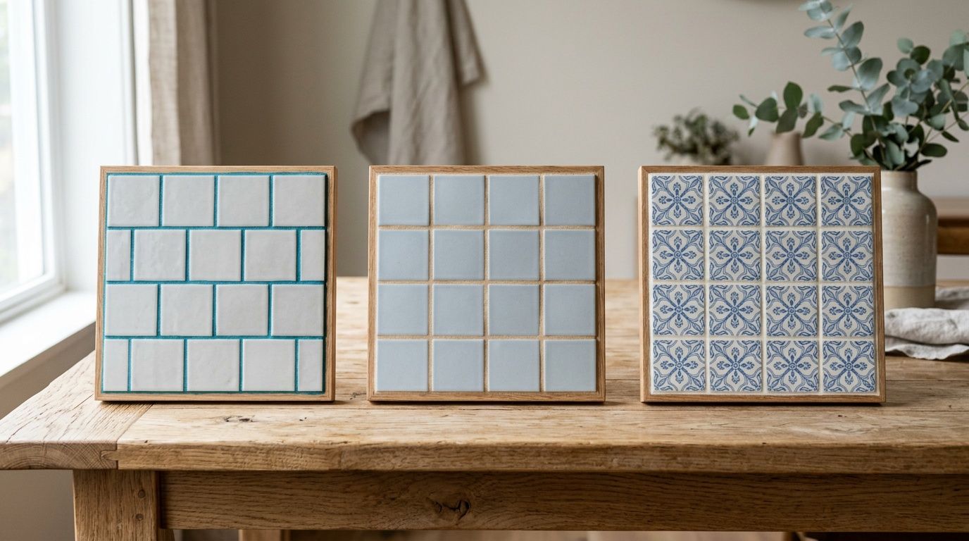 Three decorative tile samples in wooden frames displayed on a wooden table to demonstrate grout color options.