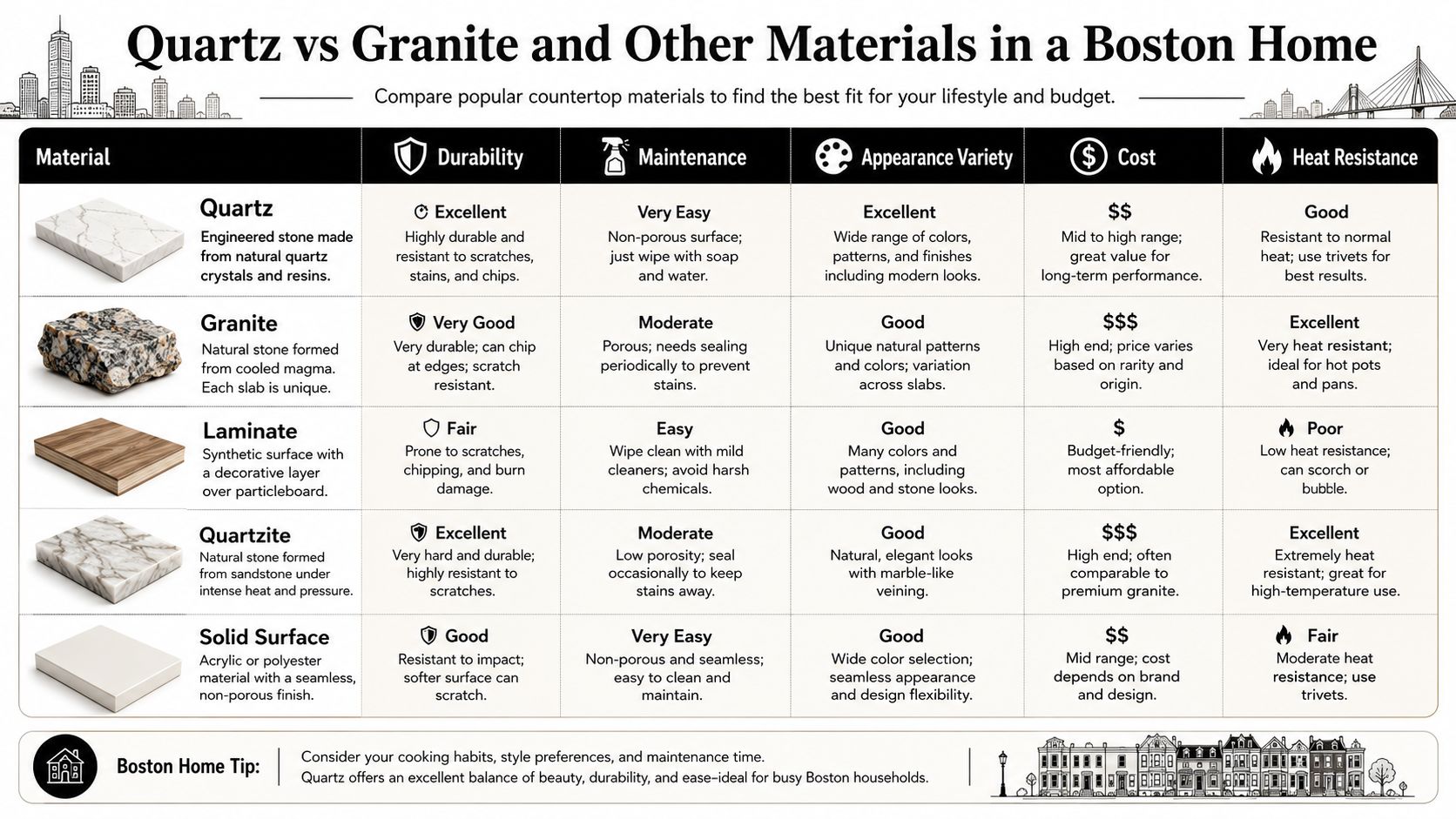A comparison chart of various countertop materials including quartz, granite, and laminate showing their durability, maintenance, and cost.