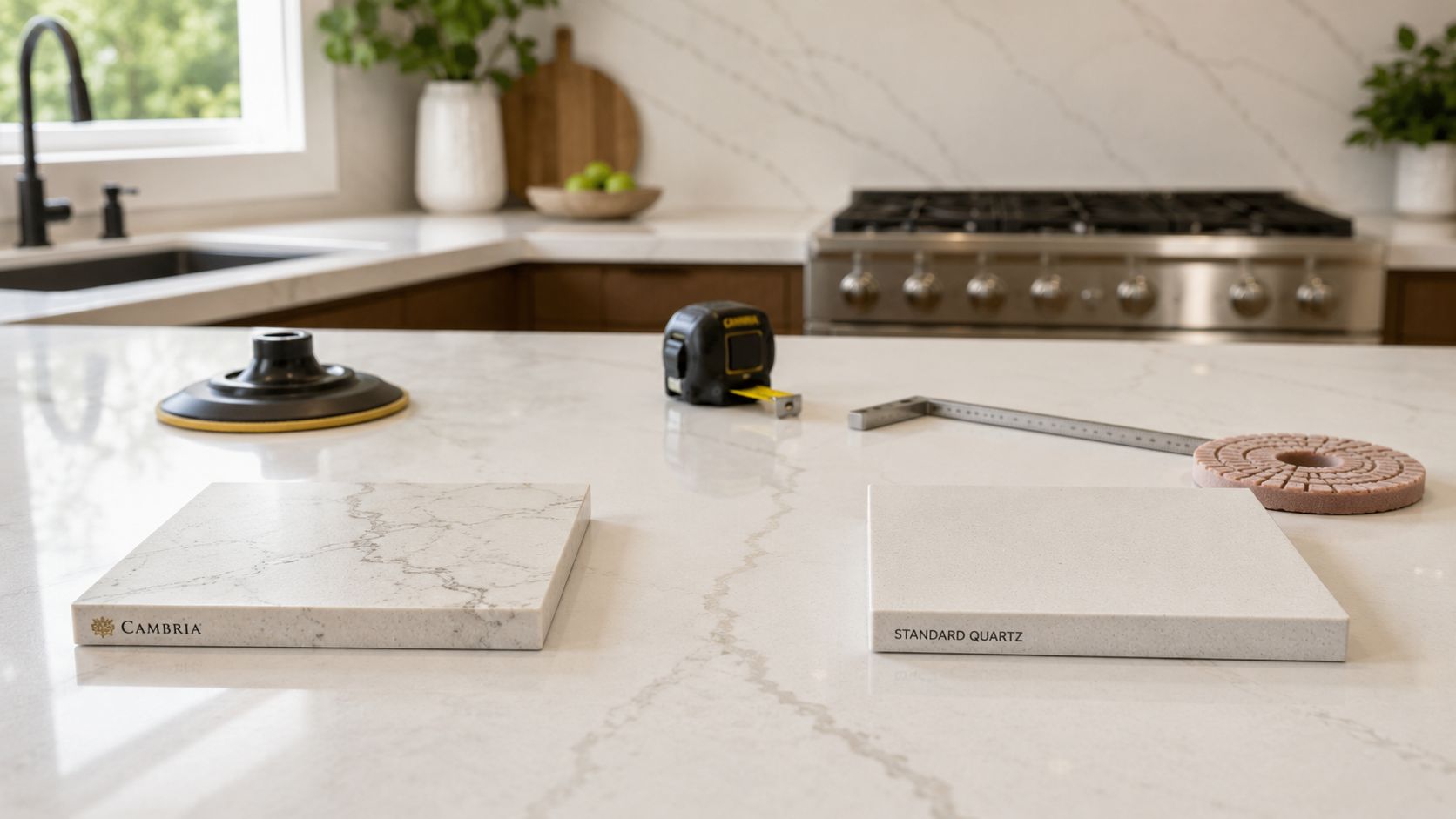A Cambria quartz sample and a standard quartz sample placed on a kitchen countertop with tools nearby.