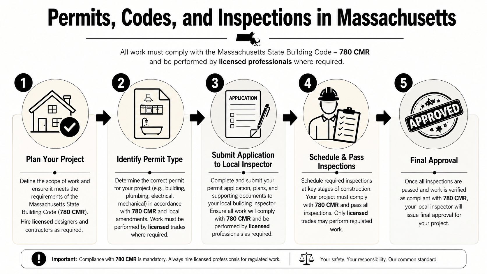 A five-step infographic showing the permit, code, and inspection process for building projects in Massachusetts.