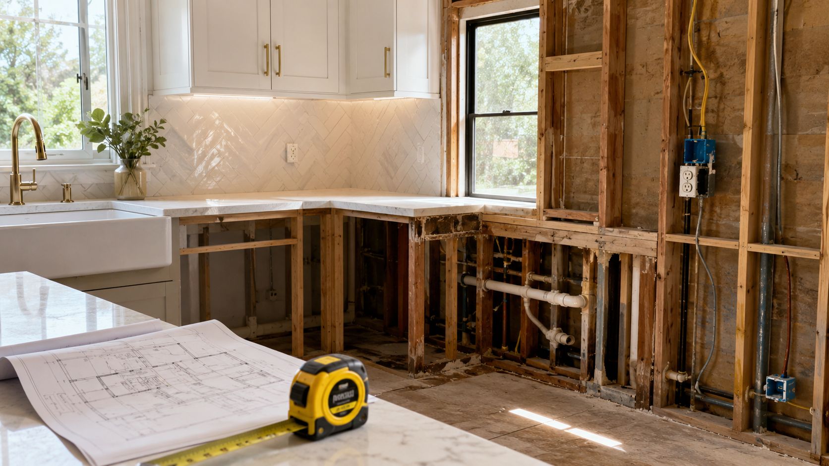 A kitchen undergoing renovation with exposed wooden studs, plumbing, electrical wiring, blueprints, and a measuring tape.