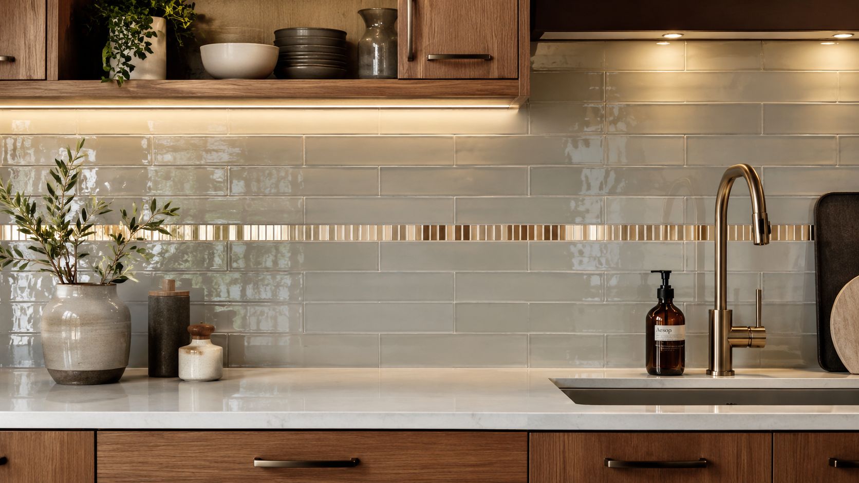 A modern kitchen with brown wooden cabinets, glossy light beige backsplash tiles, and a stylish brass faucet.