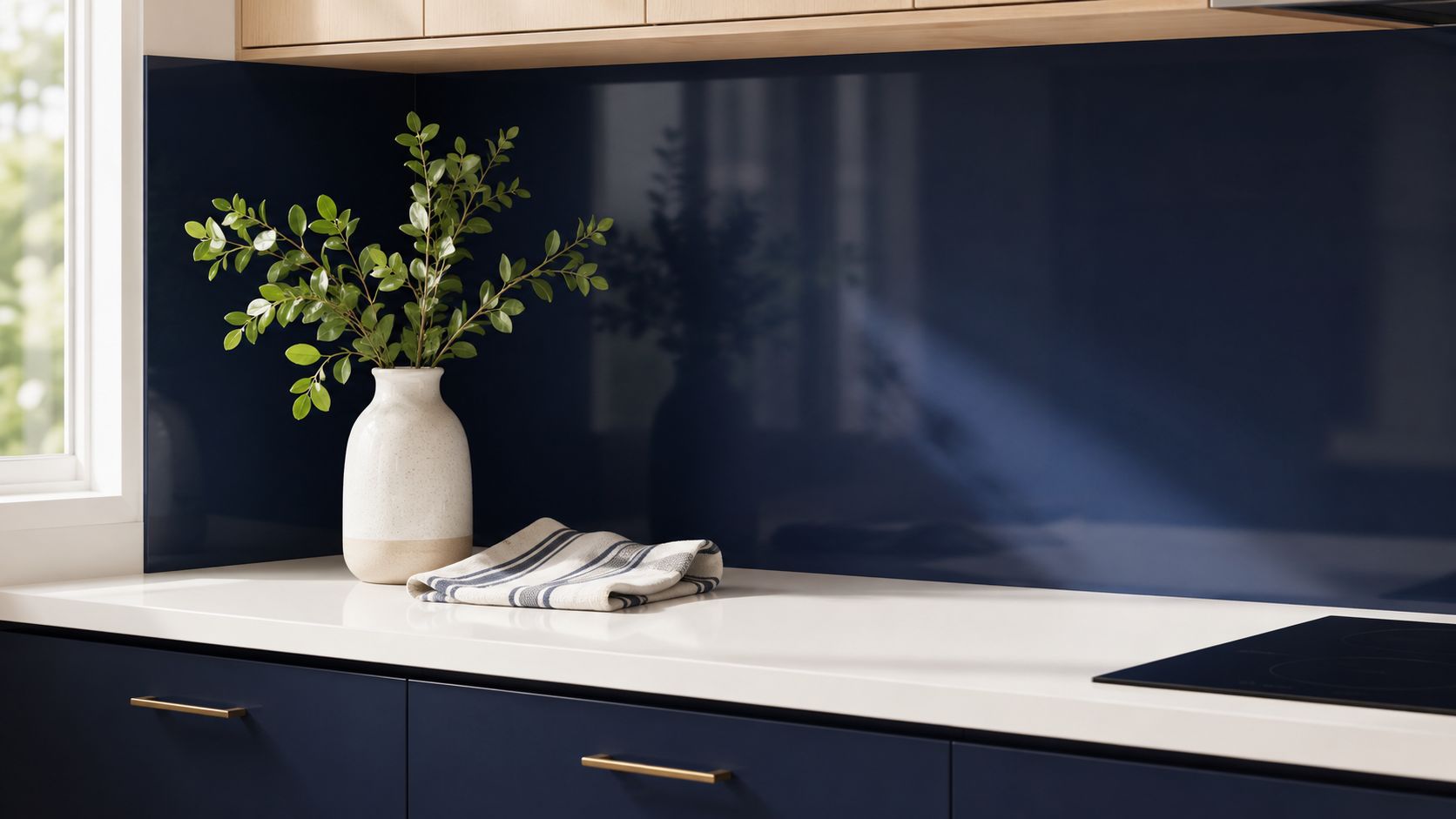 A modern kitchen counter featuring a deep blue backsplash, a white vase with greenery, and a striped towel.