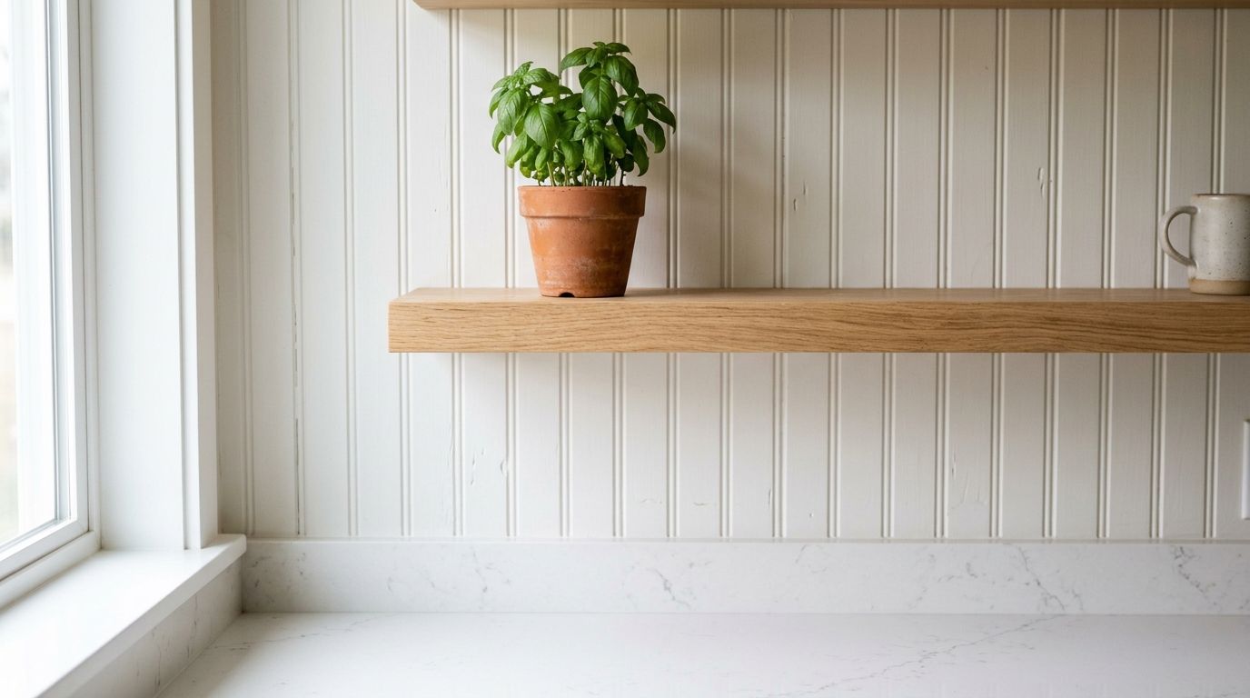 A modern kitchen shelf featuring a small potted basil plant against a white vertical plank wall.
