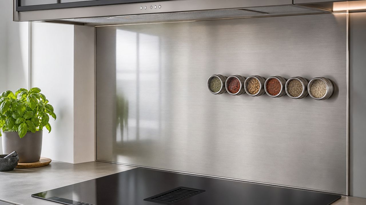 A modern kitchen featuring a sleek stainless steel backsplash with magnetic spice jars mounted above the stovetop.