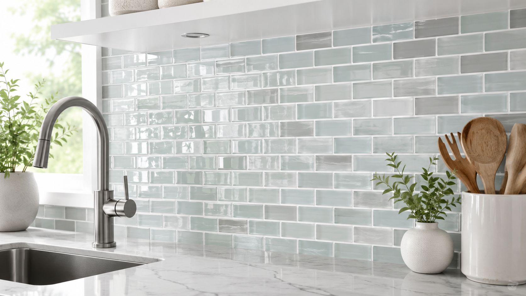 A modern kitchen sink area featuring light blue glass subway tile backsplash and marble countertops.